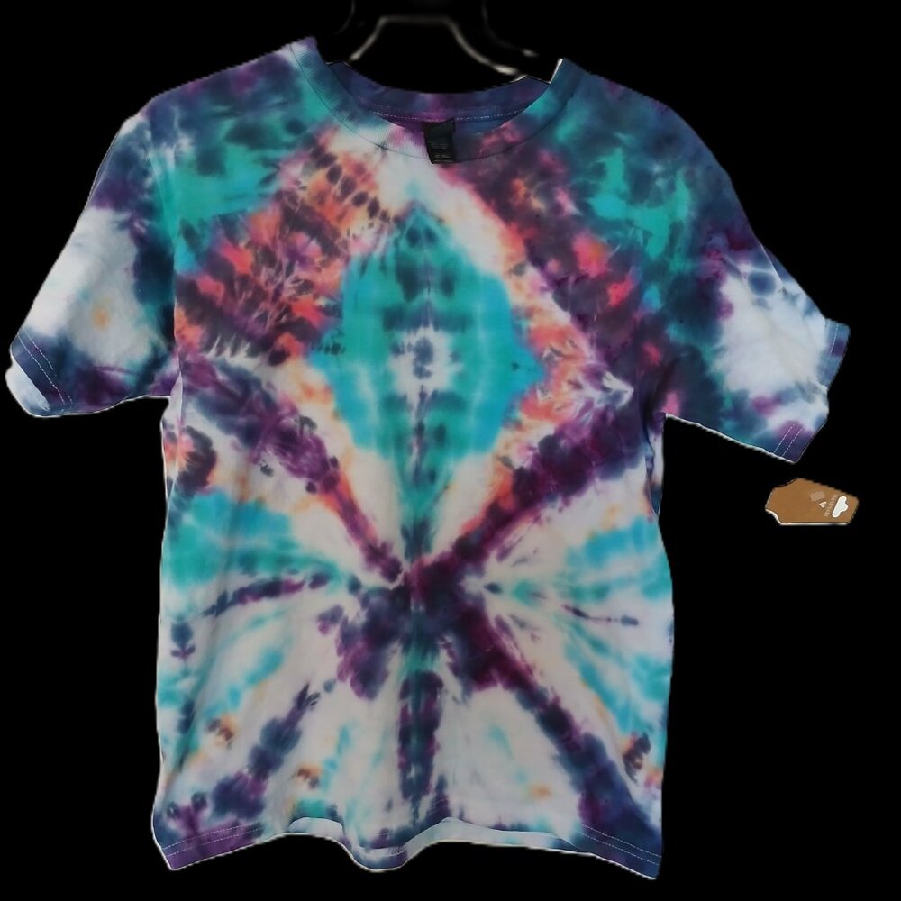 Tie Dye T-Shirt Off Center Diamond Pattern Blue Purple Orange Pink Kid's Large - Picture 14 of 16